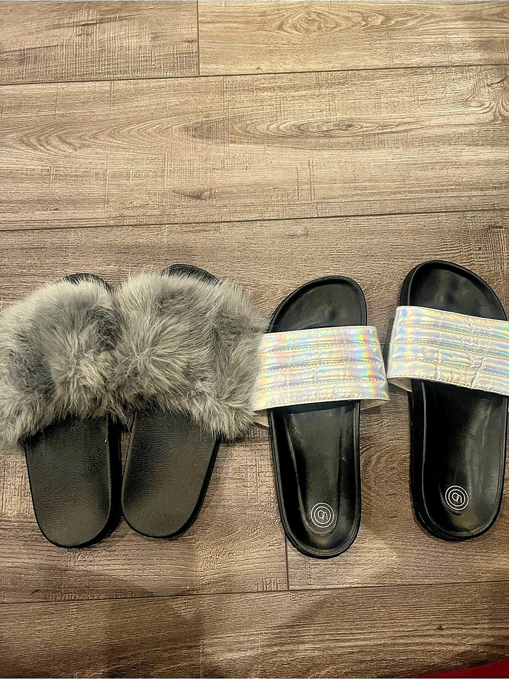 Women's Faux-Fur & Iridescent Slide Sandals bundle